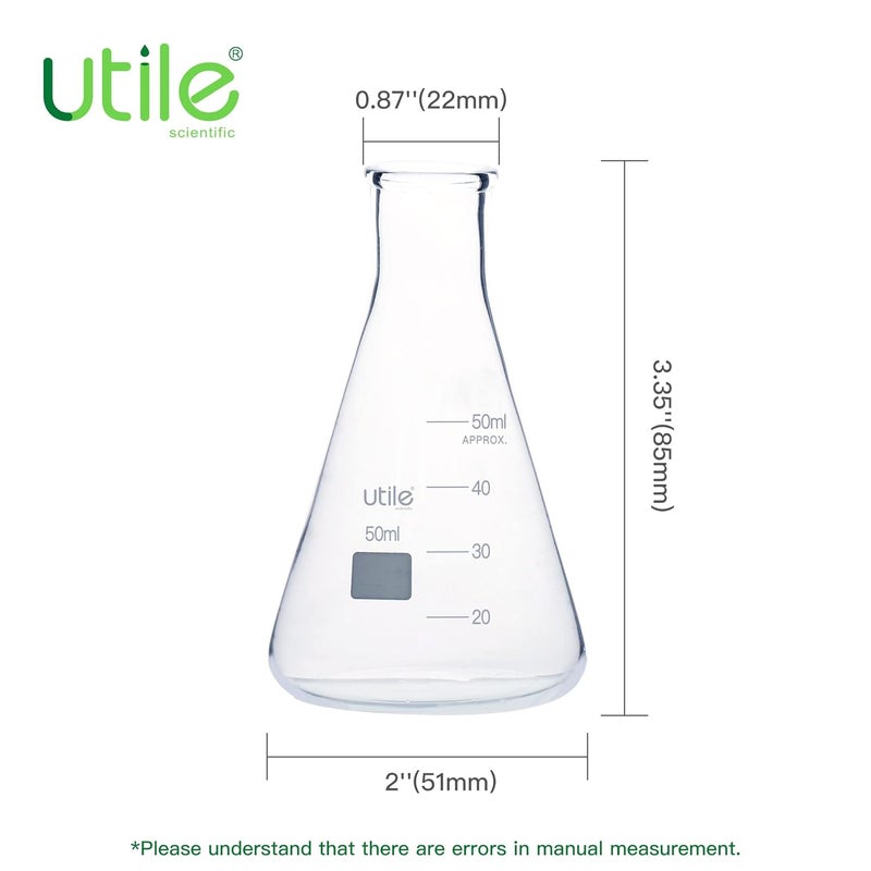 UTILE Glass Erlenmeyer Flask Set, 50ml Narrow Mouth Erlenmeyer Flasks, 6pcs of Borosilicate 3.3 Glass Conical Flasks for Laboratory with Printed Graduation, 4016.0050.6 - Image 4